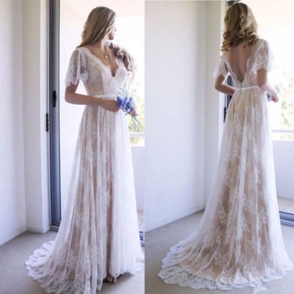 

bohemian beach wedding dresses lace backless v neck a line boho bridal gowns short sleeve plus size vestido de novia wedding dress 2861, White