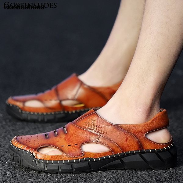

cow leather shoes men summer cow leather casual sandalen heren sandalias playa casual shoes cool sandal, Black