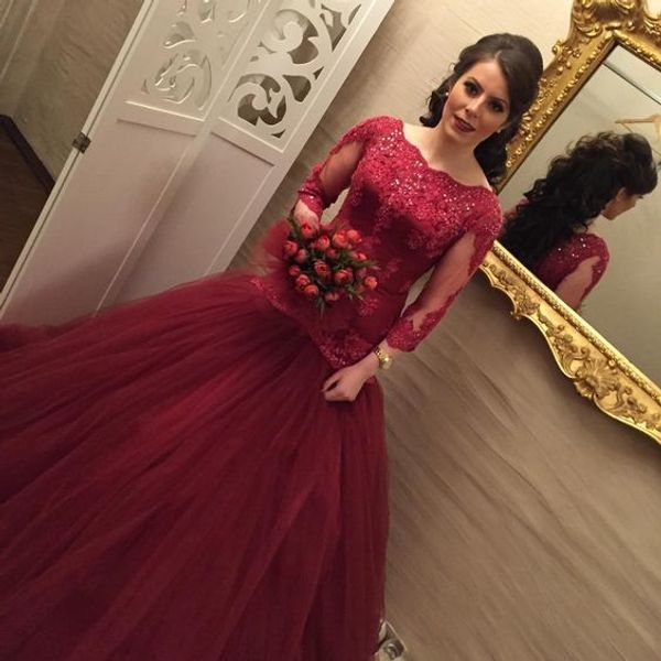 

gorgeous burgundy tulle lace mermaid evening dress arabic 3/4 long sleeve appliqued beaded scoop neck long prom dresses, Black;red