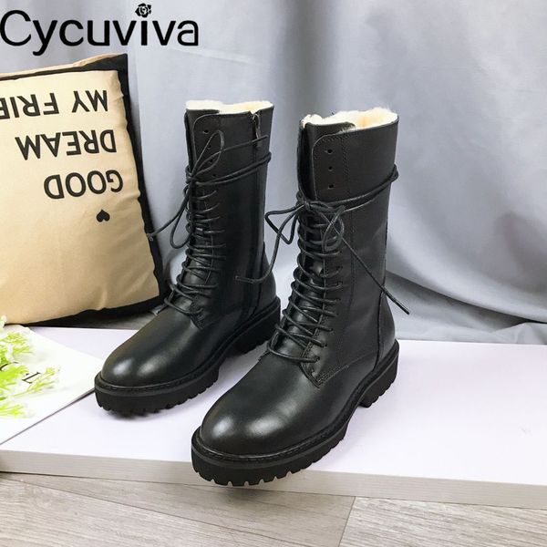 

natural wool snow boots real leather round toe flat knight boots runway warm down down winter shoes woman platform short, Black