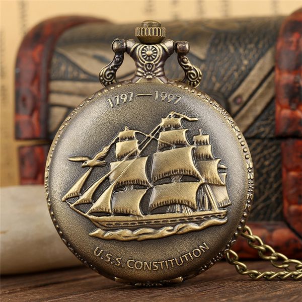 

vintage steampunk u.s.s constitution 1797-1997 quartz analog pocket watch sailing canvas boat ship necklace pendant chain gift, Slivery;golden
