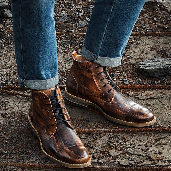

vintage handmade genuine leather mens boots 2018 natural full grain leather ankle boots for men auturn work shoes safety, Black