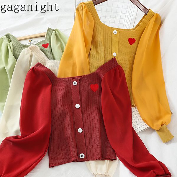 

gaganight sweet chiffon patchwork sweater women long sleeve square collar short pullover solid girl knitted jumper spring autumn, White;black