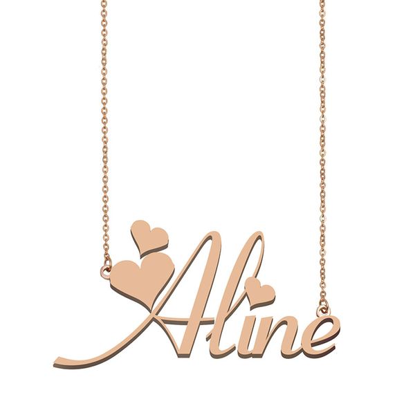 Collana con nome Aline, ciondolo per donne, ragazze, regalo di compleanno, targhetta personalizzata per bambini, migliori amiche, gioielli, acciaio inossidabile placcato oro 18 carati