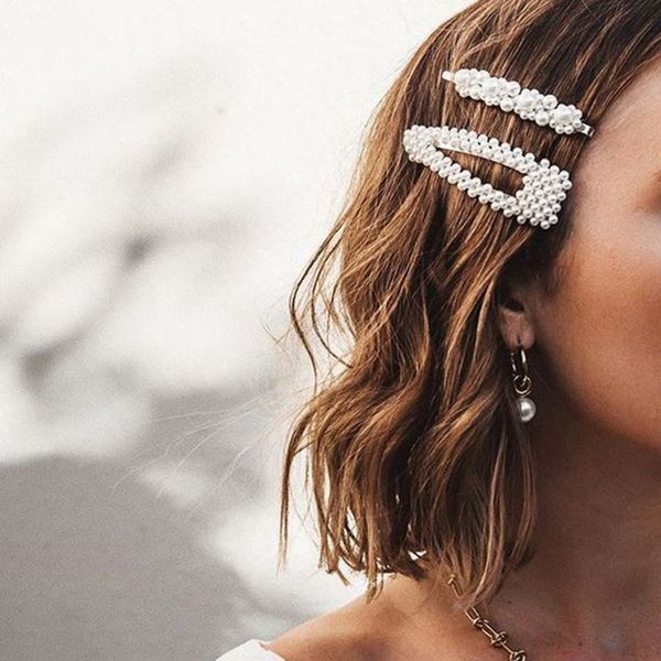 

fashionsnoops new jewelry women pearl hair clip snap hair barrette stick hairpin styling accessories for women girls, Golden;white