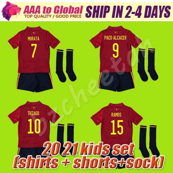 

thail spain jerseys kids spain soccer jerseys 2020 2021 football kits uniform kids morata ramos sarabia thiago iniesta with socks, Black