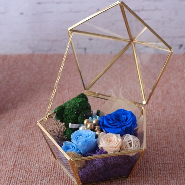 

2pcs clear glass metal geometric terrarium diamond penta faceted tablesucculent plants pot box air planter container box