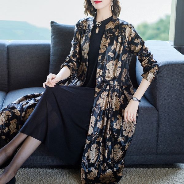 

fall spring vintage women female golden floral printed trench coat , overcoat for women , woman korean clothes pleated 5xl coats, Tan;black