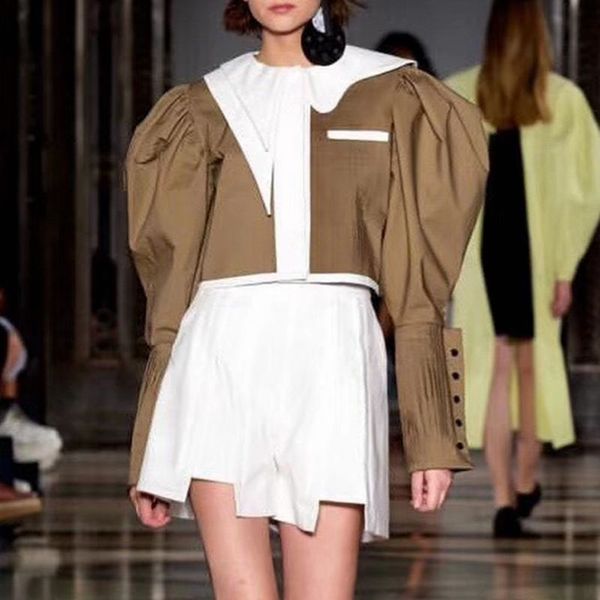 

2019 new summer elegant hit color jacket for women irregular lapel collar lantern sleeve short coats, Black;brown