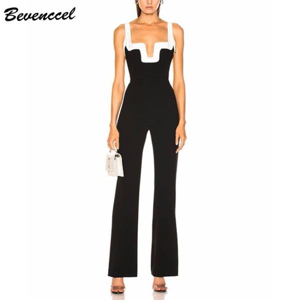 

bevenccel women bandage jumpsuit 2020 new summer backless straps bodycon rompers womens jumpsuit women rompers overalls, Black;white