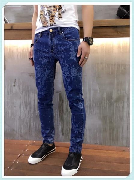 

men's fashion phoenix flower printed jeans male blue floral painted pants skinny stretch cotton denim size 29-36