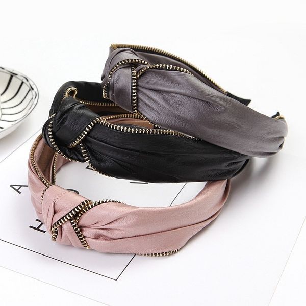 

new women hair accessories synthetic leather hairband retro alloy zipper knot headband girls solid color hair band head wrap
