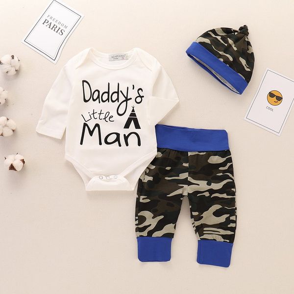 

baby boys clothes set baby winter clothing toddler boy long sleeve letter printed romper camo pants hat outfits ropa nina, White