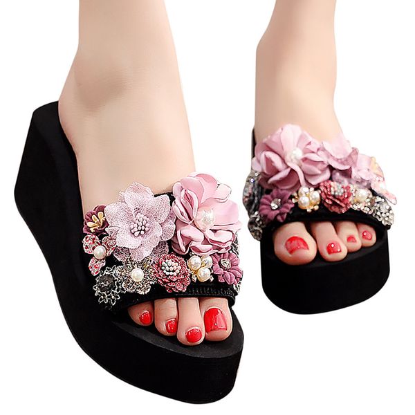 

wedges floral platform sandals open toe women shoes girls floral wedges bohemian style sandals slippers beach shoes 2019, Black
