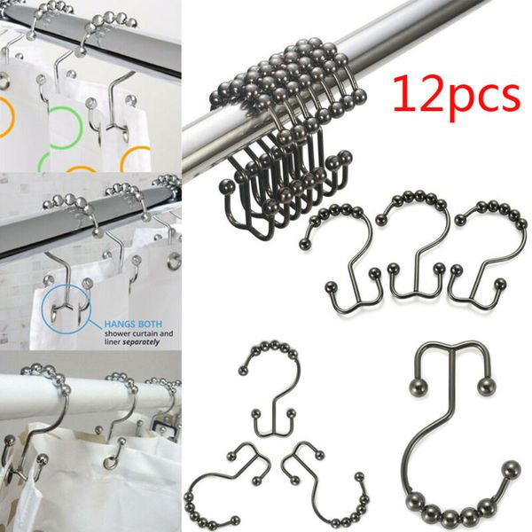 

new iron 12pcs double glide bathroom shower curtain s-shaped hooks rings roller home storage & organization 21x12x3.5cm