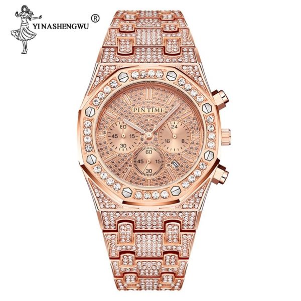 

men watches gold hip hop luxury watch diamond watch full iced out watches stainless steel men quartz movement relogio masculino, Slivery;brown