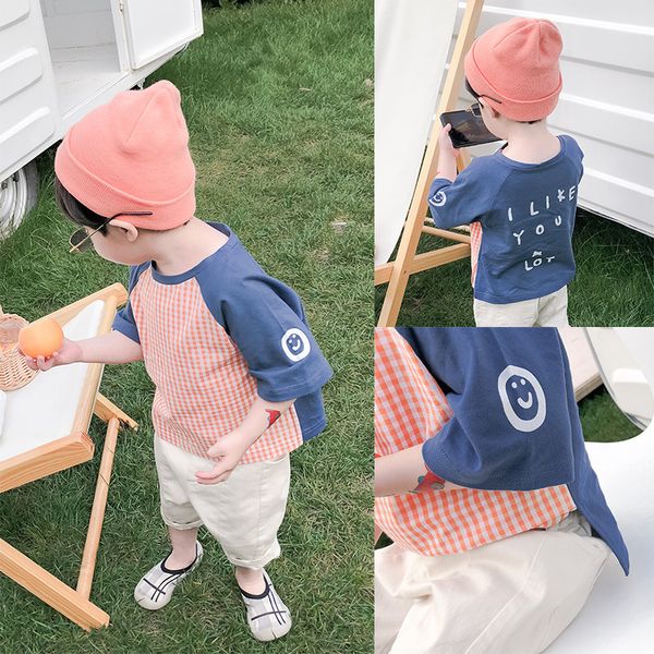 

2020 boys summer t-shirt children printed letters round neck short sleeve top, Blue