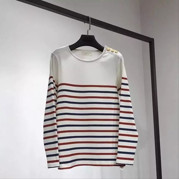 

19 autumn french temperament sea spirit striped cotton metal shoulder shirt buckle t-shirt pre-march 10, White