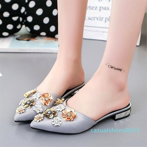 

slhjc 2018 spring summer bling slippers closed pointy toe low heels slides flowers pumps shoes size 35-42 c23, Black