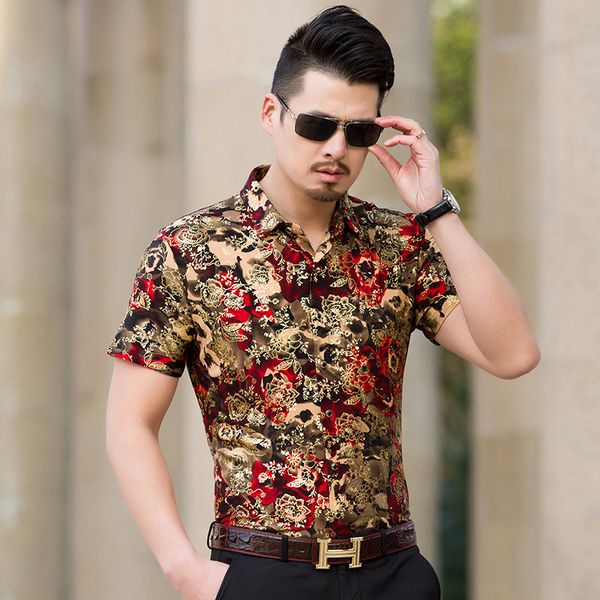 

bronzing floral pattern fashion casual middle-aged short-sleeved shirt summer 2019 new quality soft comfortable luxury men shirt, White;black