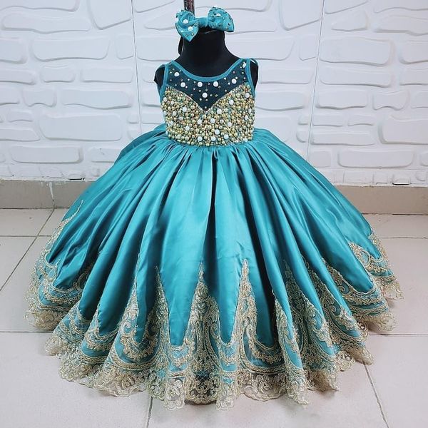 Vestidos de laço de bola elegante Vestidos de menina de laço para casamento puro pescoço de jóia frisado toddler desfrute de casas de piso comprimento cetim crianças vestido de baile