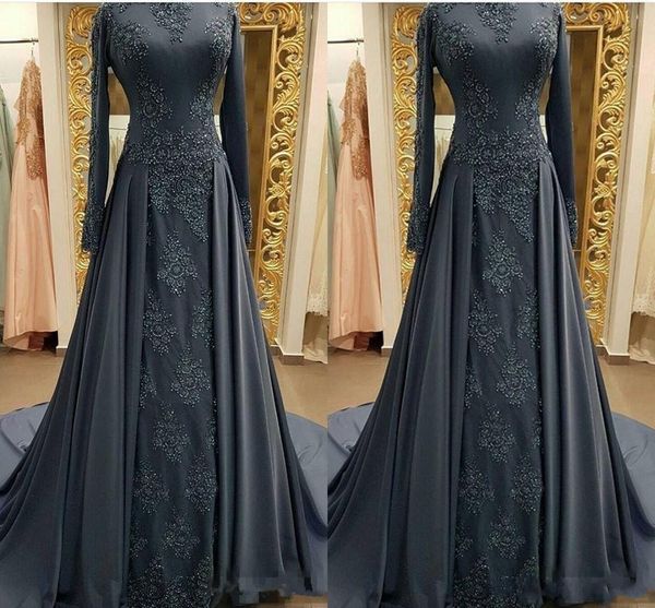 

2020 new arrival luxury gray evening dresses lace appliques beaded long sleeves with overskirts plus size formal prom gowns, Black;red