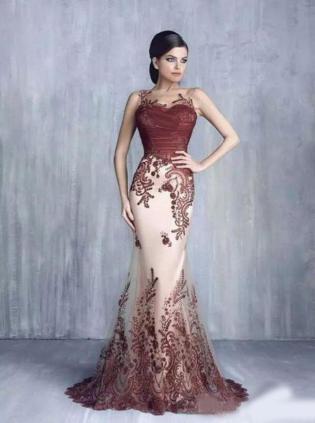 

tony chaaya latest mermaid evening dresses sheer neck lace appliques arabic dubai special occasion dress party gowns custom made prom dress, Black;red