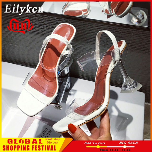 

eilyken white yellow pvc jelly sandals crystal open toe perspex spike high heels transparent heel sandals slippers 9cm pumps, Black