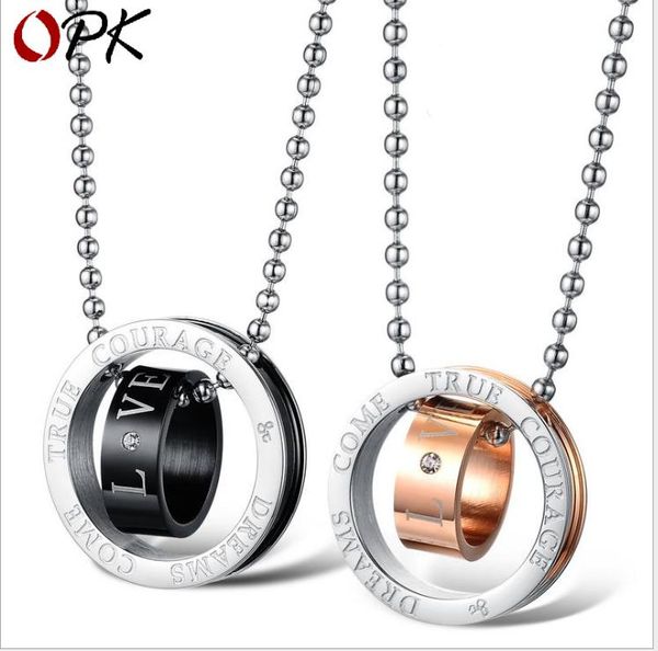 

korean fashion new jewelry double-color double-ring titanium steel couple necklace, Silver