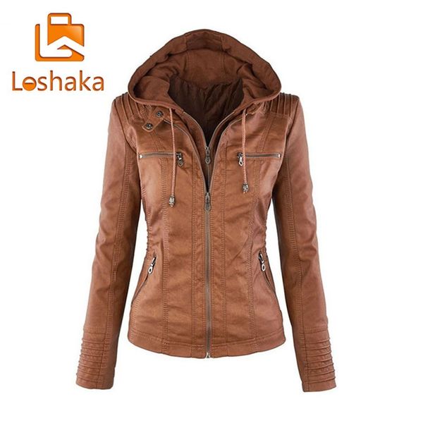 

loshaka new faux leather jacket women hoodies winter autumn motorcycle jacket black outerwear faux leather pu coat hot, Black;brown