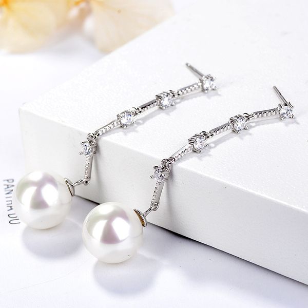 

romantic fashion pearl long silver earrings for women