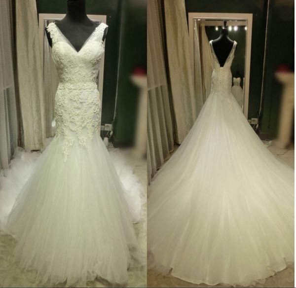 

real p v neck trumpet wedding dresses open back pleated soft tulle quality applique lace court train wedding bridal gowns plus size, White