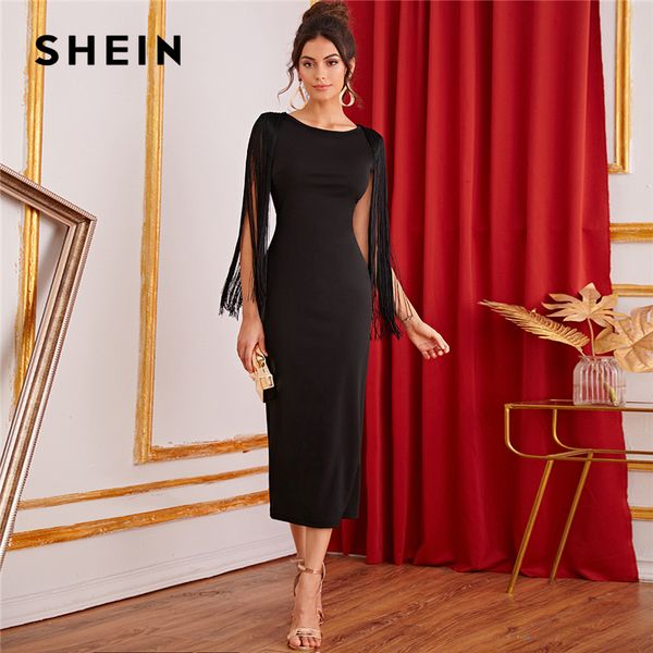 

shein black solid fringe detail split back pencil party dress women 2019 autumn sleeveless elegant ladies bodycon midi dresses, Black;gray