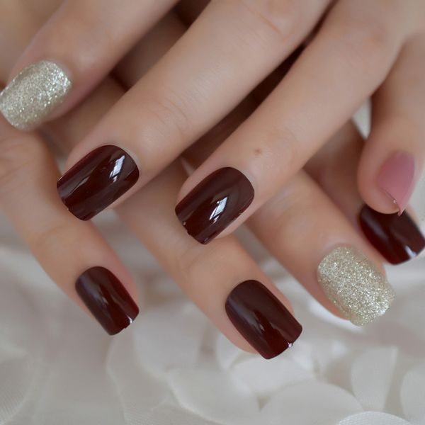 

short dark red fake nails squoval champagne glitter uv gel redbrown false press on nails for girl full wear finger nail art tips, Red;gold