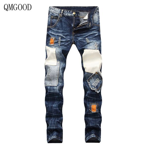 

qmgood ripped jeans for men distressed denim straight hip hop biker jeans patchwork slim fit for men luxury clothing, Blue