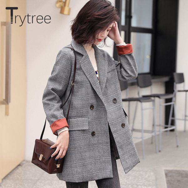 

trytree 2019 autumn women coats casual turn-down collar double breasted plaid spliced color cuff pockets office lady suit coats, Black;brown