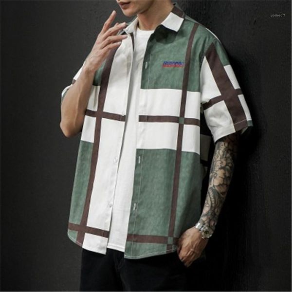 

men short sleeve lapel neck shirts clothes fashion trend casual male plus size new shirt designer men plaid shirt loose fit, White;black