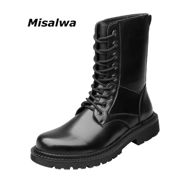 

misalwa middle calf high boots men fashion winter / spring boots platform men leather boot height increased elevator shoes, Black