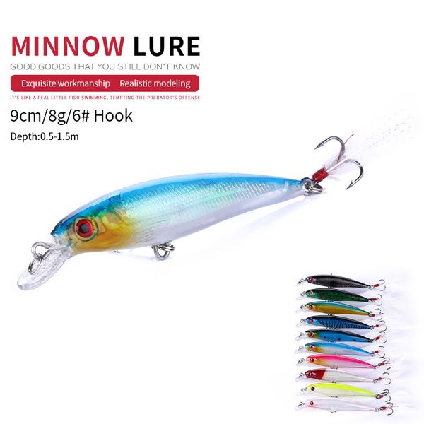 HENGJIA 50 PZ Marca Top Grade Luminoso Minnow wobbler esca dura esche da pesca in plastica set con ganci e pesca alla carpa Piuma 9CM 8g