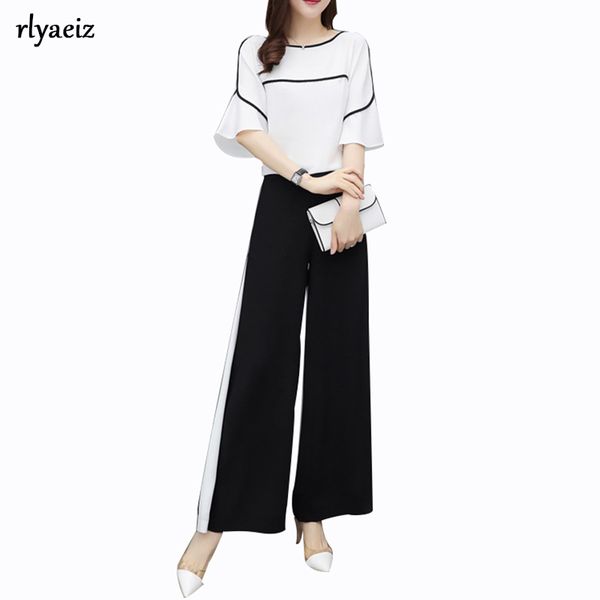 

rlyaeiz new 2 piece set women tracksuit 2019 summer fashion casual striped chiffon shirt + wide leg pants female sweat suit, White