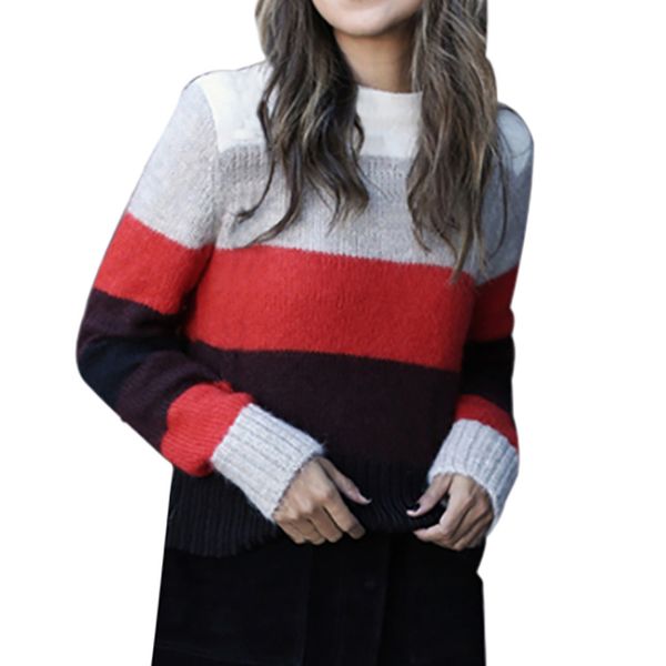 

women sweaters and pullovers o-neck colourful long sleeve patchwork stripe sweaters sweater pull femme jumpers sueter mujer, White;black