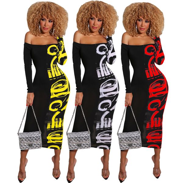 

womens designer dress note printed long skirt ins fashion stitching design for 2020 ss casual stretchy dress plus size 3 color, Black;gray