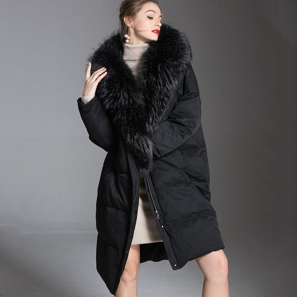 

down jacket female 2018 new winter thick women's long section fur collar hooded white duck down jacket, Black