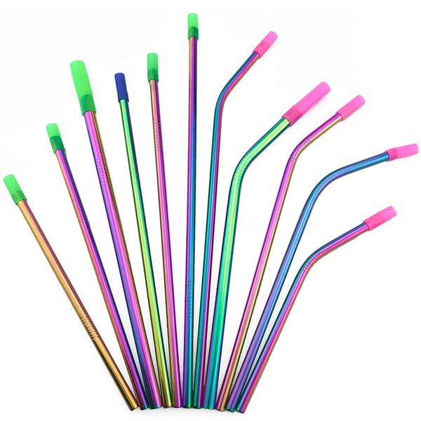 

new size rainbow colors reusable drinking straws long bend straight stainless steel bag 2pcs metal silicone cleaning brush party