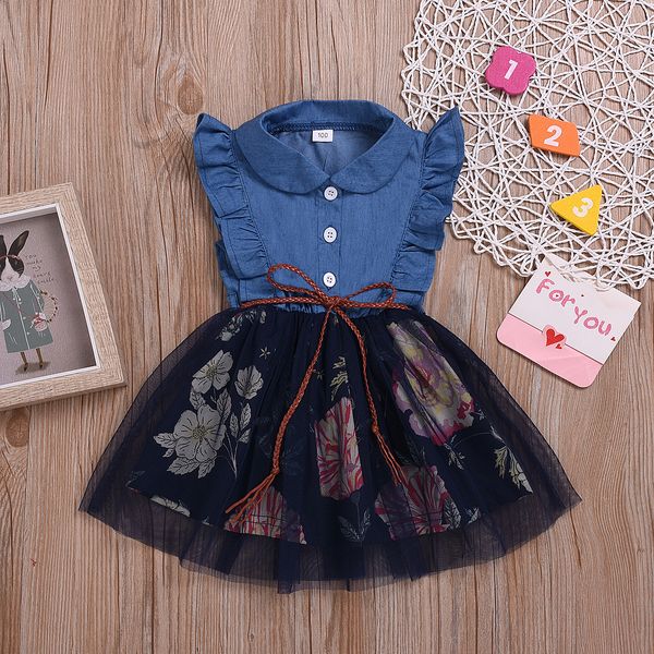 Baby Girls Jeans vestido verão crianças ruffles manga flores tule saia princesa vestido crianças vestidos casuais roupas 5085