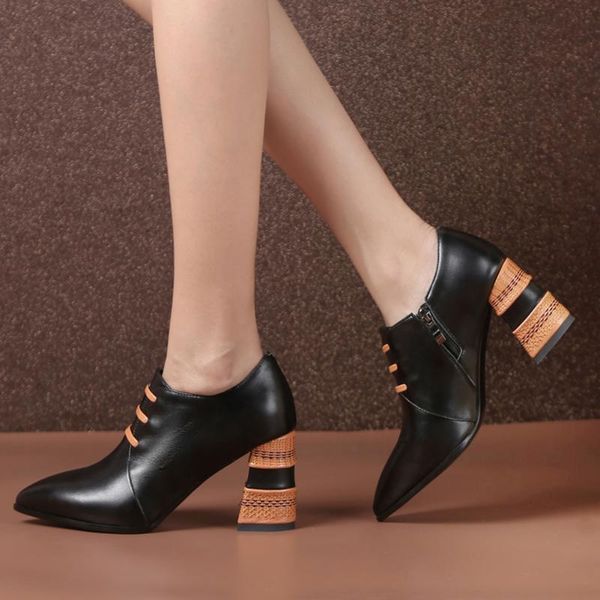 

karin 2020 genuine cow leather chunky high heels ankle boots woman shoes pointed toe zipper shoes women boots, Black