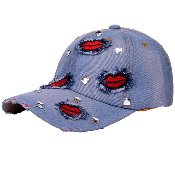 

2019 солнце регулируемые snapback шапки мода джинсовые губы лоскутное горный хрусталь бейсболки для женщин мужчин летние каникулы шляпы унис, Blue;gray