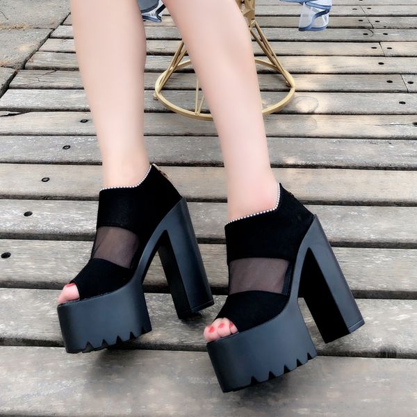 

europe and america high heels thick with thick bottom roman sandals 15 cm super high heel fish mouth women's sandals, Black