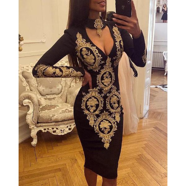 

vintage flower print black bodycon dress women lon gsleeve slim fit v neck party dress long sleeve knee length vestidos, Black;gray