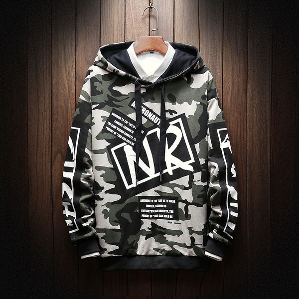 

2019 весенние толстовки мужчины high street камуфляж толстовка свободный хип-хоп уличной письмо печатных пот homme мода балахон 4xl, Black